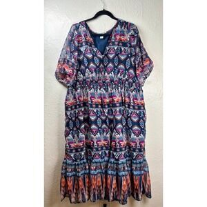 Long Dress 2X Navy Geometric Smocked Waist Southwestern Tribal Aztec Cowgirl